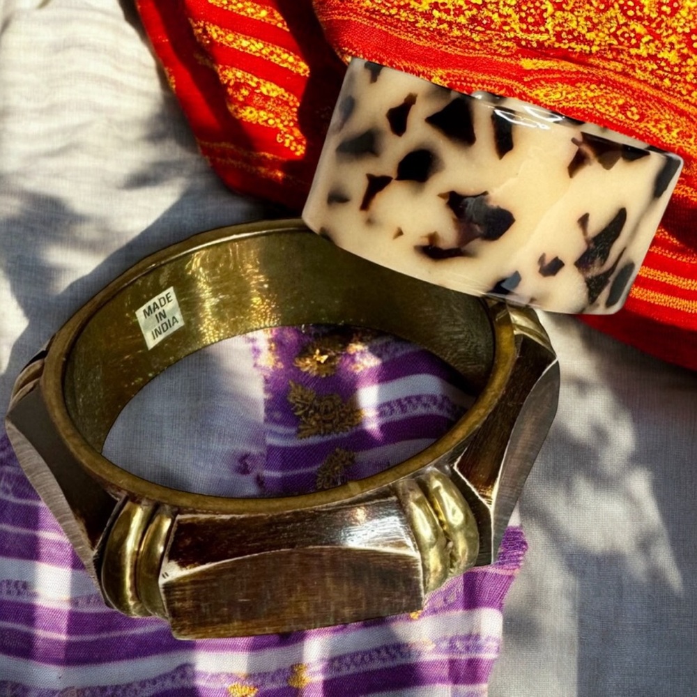Vintage Faux Wood & Brass Geometric Bangle &  Vintage Faux Tortoise Cuff